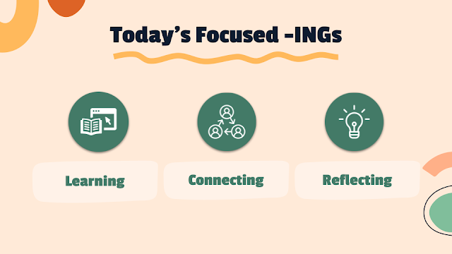 decorative slide with title "Today's Focused -INGs." Three icons: book+website, people connected in a triangle, lightbulb; text under each icon is learning, connecting, reflecting