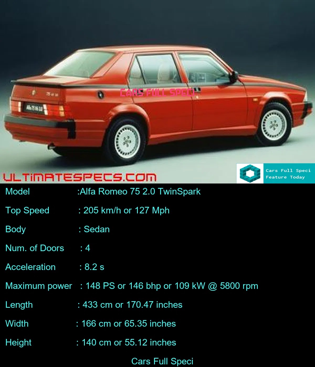 Alfa Romeo 75 2.0 TwinSpark front view and wheel and mirror height and length view and length,width,hight details,maximum speed
