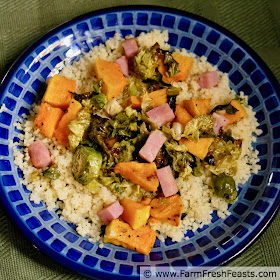 image of leftover ham cubes roasted with brussels sprouts and butternut squash