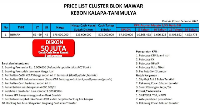 harga jual rumah Cluster Blok Mawar Tanimulya Cimahi Bandung Barat