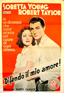 DIFENDO IL MIO AMORE. Cartel: 70 x 100 cms. Italia. Imprenta: I.G.A.P., Roma. ESPOSA ANÓNIMA. Private Number. 1936. Estados Unidos. Dirección: Roy Del Ruth. Reparto: Robert Taylor, Loretta Young, Basil Rathbone, Patsy Kelly, Joe. E. Lewis, Marjorie Gateson, Paul Harvey, Jane Darwell, Paul Stanton, John Miljan, Monroe Owsley, Billy Bevan, Frank Dawson, George Irving, Dennis O'Keefe.