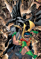 Batman and Robin swinging in Gotham City