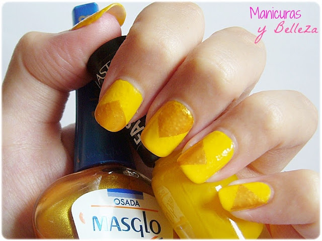 reto colores colours challenge uñas amarillas doradas yellow nails geometric triangles nail art manicura fácil manicure easy