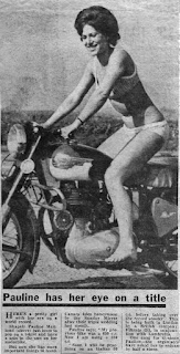 Woman in bikini on Royal Enfield motorcycle.