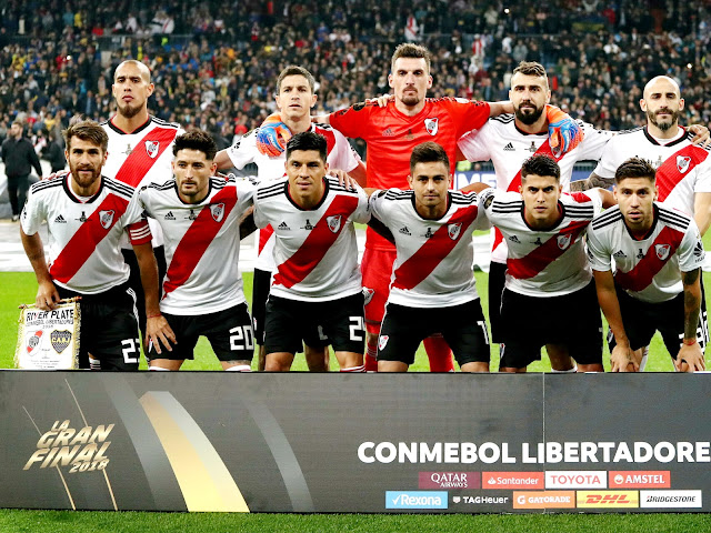 C. A. RIVER PLATE - Temporada 2018-19 - Jonatan Maidana, Nacho Fernández, Franco Armani, Lucas Pratto y Javier Pinola; Leonardo Ponzio, Milton Casco, Enzo Pérez, Pitty Martínez, Exequiel Palacios y Gonzalo Montiel. C. A. RIVER PLATE 3 (Pratto, Quintero, Pity González) C. A. BOCA JUNIORS 1 (Benedetto). 09/12/2018. Final de la Copa Libertadores, partido de vuelta. Madrid, España, estadio Santiago Bernabeu.