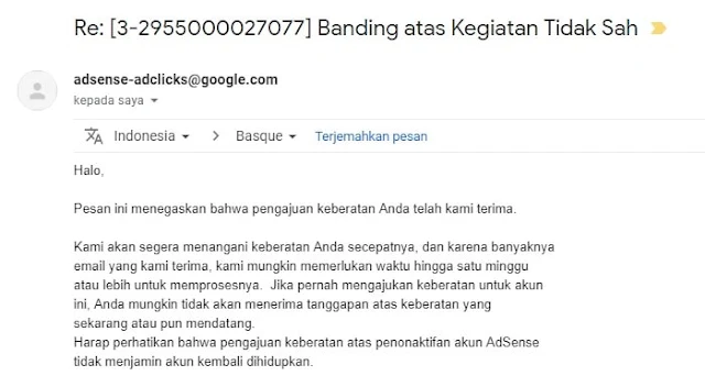 Balasan Email Banding Kegiatan Tidak Sah