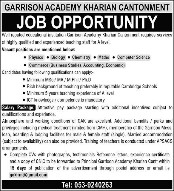 TEACHING JOBS IN GARRISON ACADEMY KHARIAN 2023