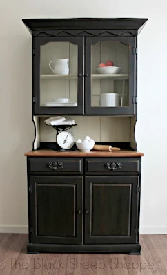 Farmhouse china hutch painted country grey and black.