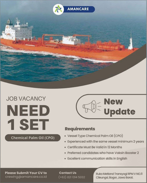 Info Lowongan 1 Set Crew Kapal CPO Tanker Agustus 2023