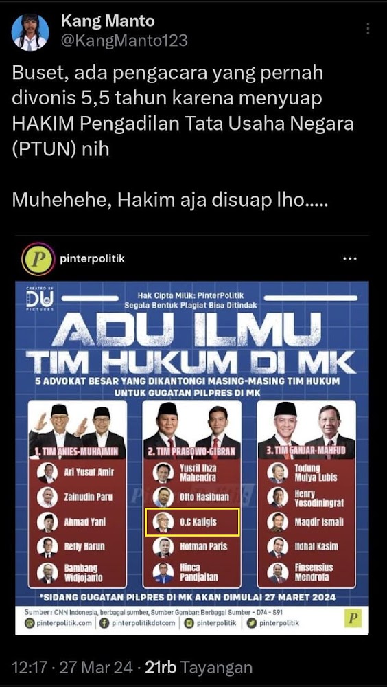 tahun karena menyuap HAKIM Pengadilan Tata Usaha Negara  Buset! Ada pengacara yang pernah divonis 5,5 tahun karena menyuap HAKIM, sekarang jadi Tim Hukum 02 di MK