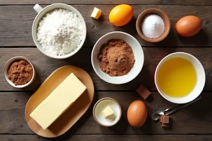 Ingredients for Yellow Cake with Double Chocolate Frosting, including flour, sugar, butter, eggs, cocoa powder, and chocolate, arranged on a wooden table.