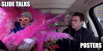 Taron Egerton as flamboyant Elton John with caption "Slide talks" with subdued man looking on with caption "Posters".