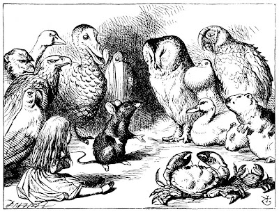 The Mouse, surrounded by a waterlogged Alice and a variety of other animals, mostly birds