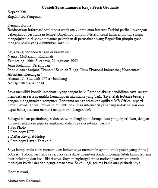 Contoh Surat Lamaran Kerja Fresh Graduate