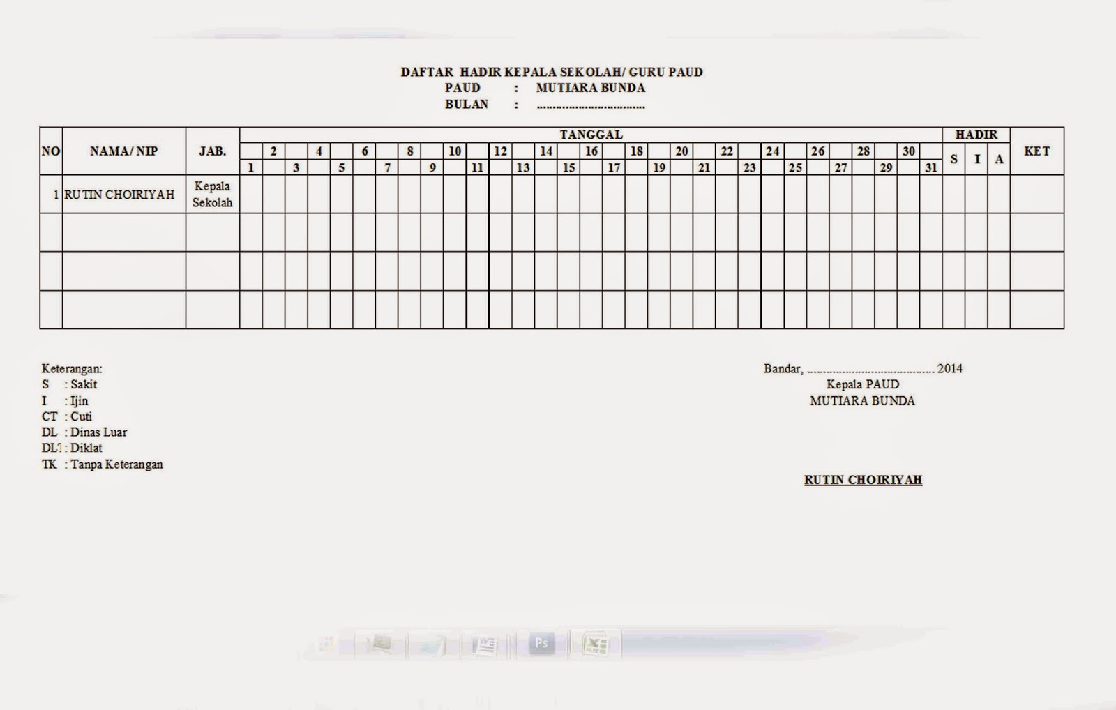 Daftar Hadir Harian Kepala Sekolah/ Guru PAUD ~ Laverpool 