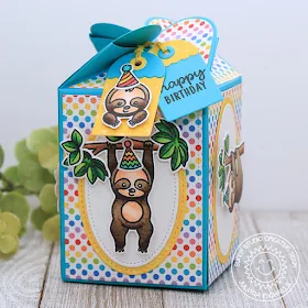 Sunny Studio Stamps: Surprise Party Paper Bold Balloons Happy Thoughts Silly Sloths Wrap Around Box Dies Birthday Card Birthday Gift Box by Angelica Conrad and Juliana Michaels