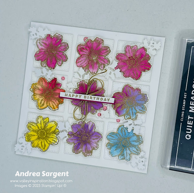 Water-colouring gold embossed flowers featuring Stampin’ Up!s Berry Burst creates a delightful birthday card.
