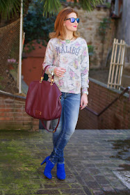 Too hot to handle tote, See by Chloé cobalt blue ankle boots, Morgan biker jacket, Fashion and Cookies, fashion blogger