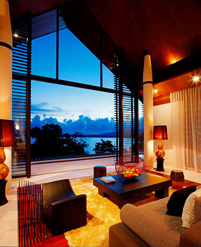 View through the window of living room in modern villa in Phuket