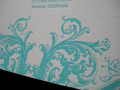 Micaela Stephen's aqua letterpress wedding invitations