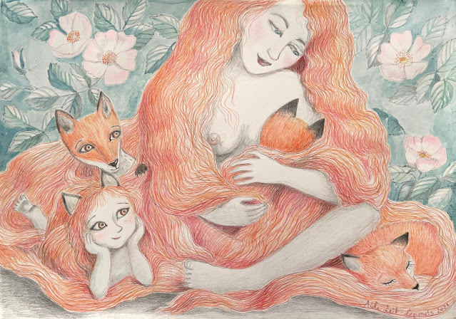 vulpes fulva Fruits of Love Children Fox Werefox art pencil drawing illustration kibuvits  Rosa vosagiaca #AideArt