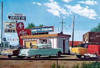 vista panoramica de paisaje al oleo de estados unidos de restaurante con carros de los años 70 obra del pintor John Baeder