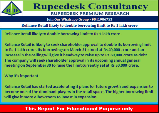 Reliance Retail likely to double borrowing limit to Rs 1 lakh crore - Rupeedesk Reports - 15.09.2022