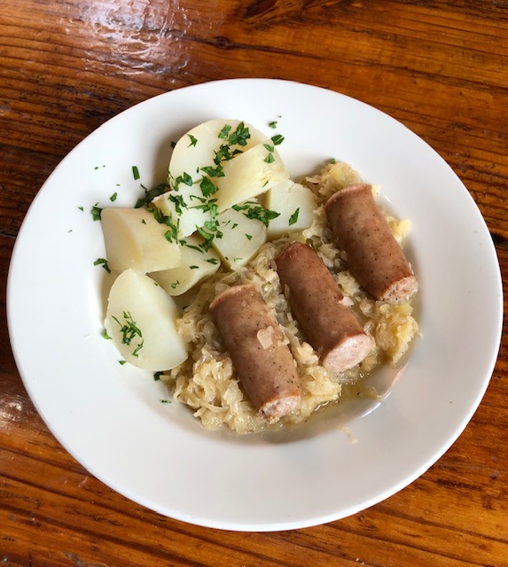 Sauerkraut for Autumn, Braised with Apple and served with Bratwurst