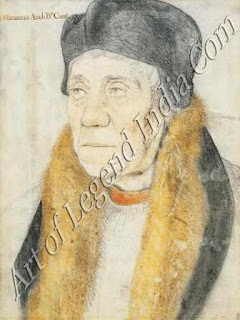 William Warham, Archbishop of Canterbury (1527), This drawing in coloured chalks dates from Holbein's first stay in England, and is one of his most penetrating character studies. Like all of his drawings, it was made for a practical purpose as a preparatory sketch for a portrait which the Archbishop sent to his friend, Erasmus. The freedom of the handling and the delicate use of soft crumbling chalk on white paper, are typical of Holbein's early style. 