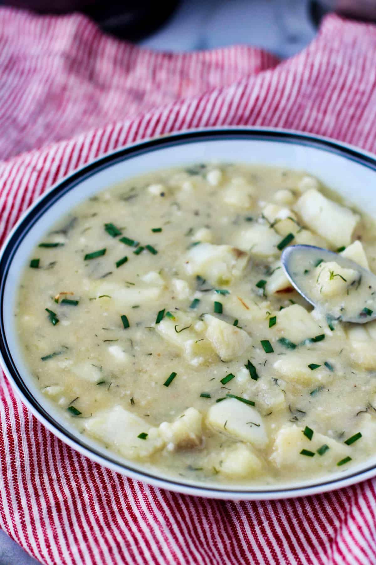 Scandinavian-Style Fish and Potato Soup in a bowl.