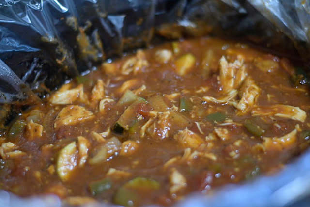 The finished Crockpot Chicken Cacciatore Recipe in the slow cooker. 