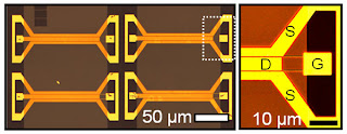 Optical micrograph of an array of devices on a quartz wafer.