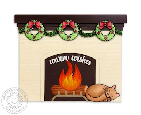 Sunny Studio Stamps: Shaped Fireplace with Wreaths & Kitty Cat Card (using Christmas Icons, Pet Sympathy & Heartfelt Wishes Stamps)