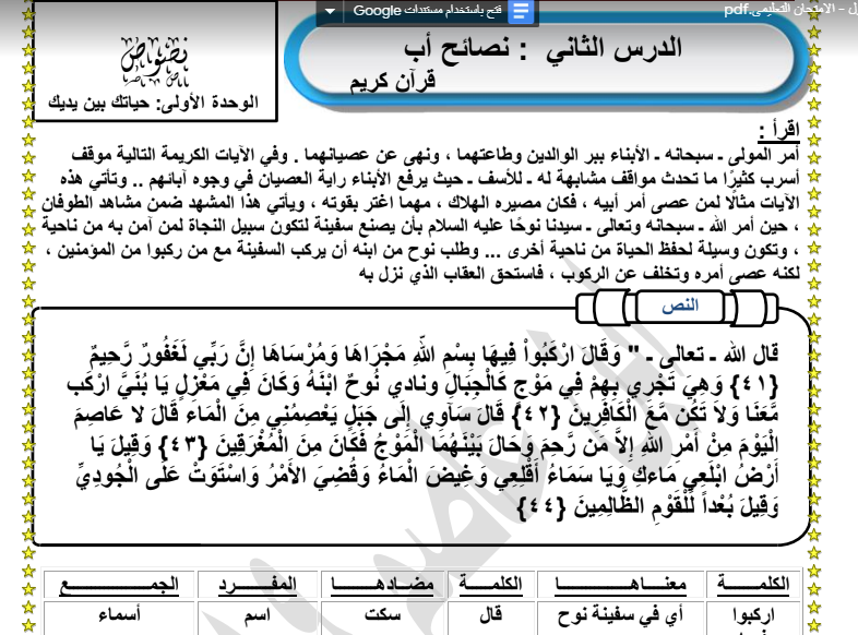 تحميل مذكرة لغة العربية للصف السادس الابتدائي الفصل الدراسى الاول