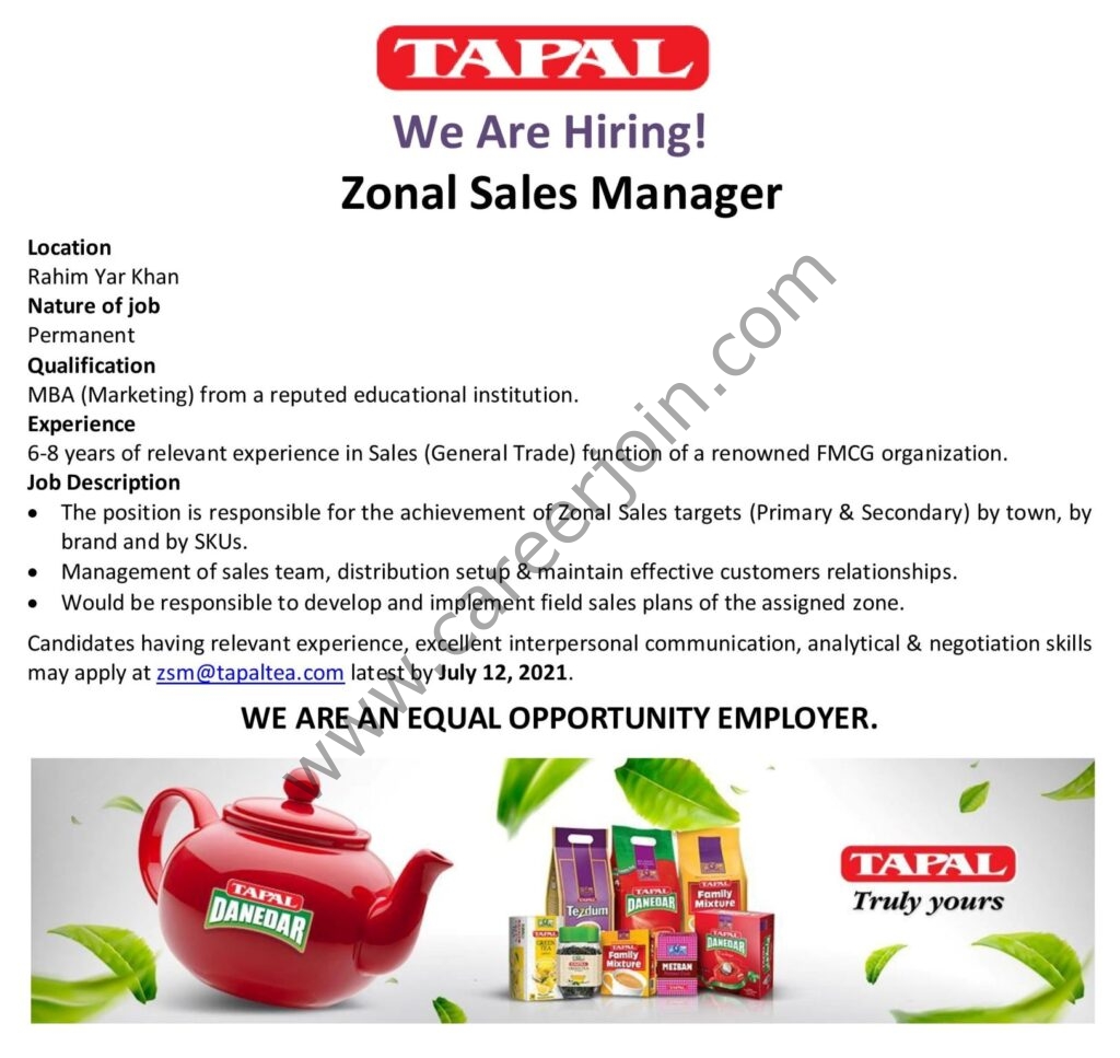 Jobs in Tapal Tea Pvt Ltd 2021 Zonal Sales Manager - Apply at zsm@tapaltea.com