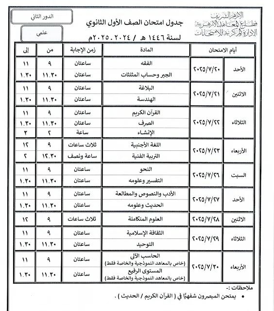 قطاع المعاهد الأزهرية : ينشر جداول امتحانات الدور الثانى للنقل والشهادات " مستندات "