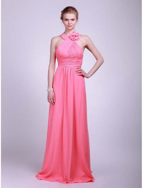 Chiffon Halter Neckline A-Line Vintage Bridesmaid Dress with Rouched Bodice