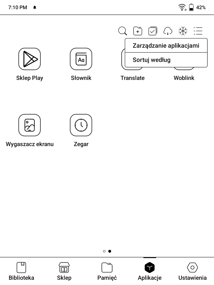 Onyx Boox Page – menu z opcją Zarządzanie aplikacjami