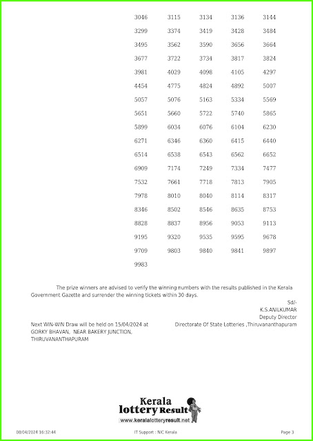 Off:> Kerala Lottery Result; 08.04.2024 Win Win Lottery Results Today "W-764'