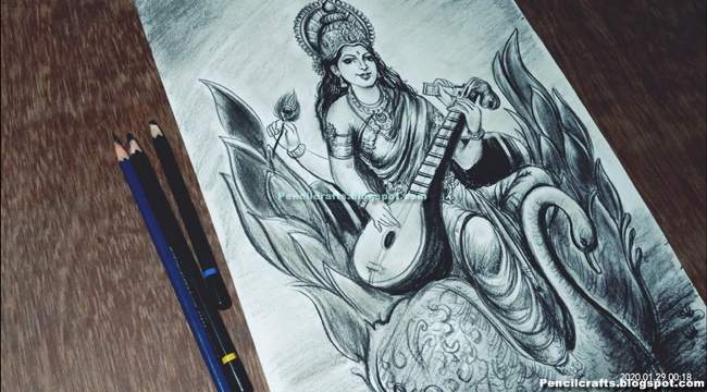 New Saraswati Devi Colored Pencil Drawings