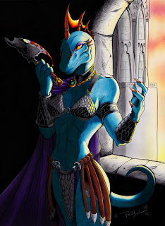 A hyper-sexualized illustration of a lizardfolk female. She has blue skin, a reptilian head complete with orange crest atop her skull, a long curled tail, and a body that in all other respects looks like a human body. She is wearing a chain mail bikini top and loincloth with bracers on her forearms, and is holding a bloody axe.