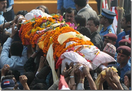 The body of NC Chairman GP Koirala being taken for the last tribute at Dashrath Stadium, Kathmandu on Sunday, March 21, 2010.
Photo: Dipesh Shrestha/ Nagarik/ Republica
