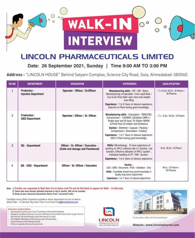 Lincoln Pharma | Walk-in interview at Ahmedabad on 26th Sept 2021