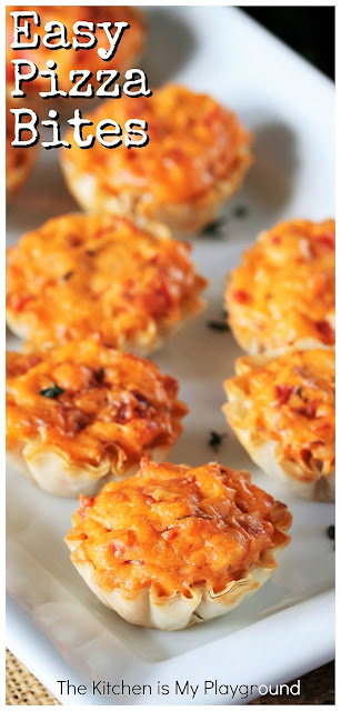 SUPER Easy Pizza Bites ~ Frozen phyllo shells & an easy cheesy filling make quick work of these tasty little pizza bites!  Easy Pizza Bites are a fun meal starter, perfect game day nibble, or easy snack and party time treat. #pizzabites #gamedayfood #partyfood  www.thekitchenismyplayground.com