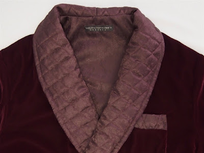 Mens burgundy red velvet dressing gown with quilted silk shawl collar classic luxury housecoat tailored.