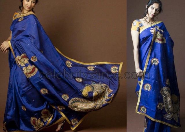 Blue Sari with Kalamkari Work