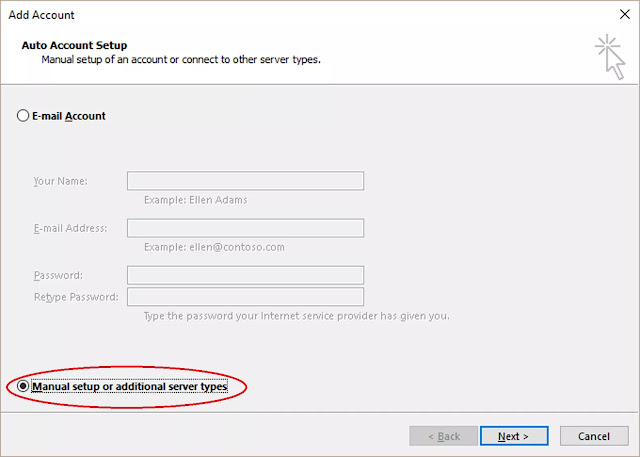 صورة توضح خيار الاعداد اليدوي في outlook