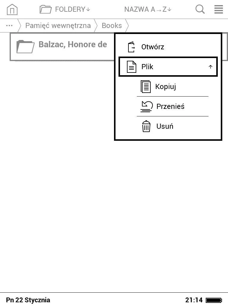 Biblioteka w PocketBook Basic Lux - menu kontekstowe folderu