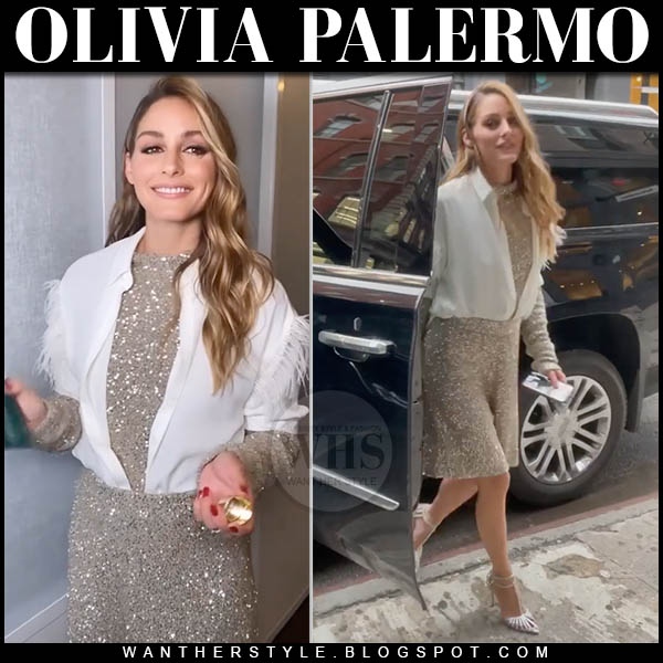 Olivia Palermo in silver sequin dress and crystal sandals at New York Fashion Week