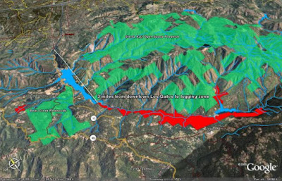 map of Los Gatos Lexington Reservoir on the Left - Blue... Red Area Logging Area - Upstream to Lake Ellsman